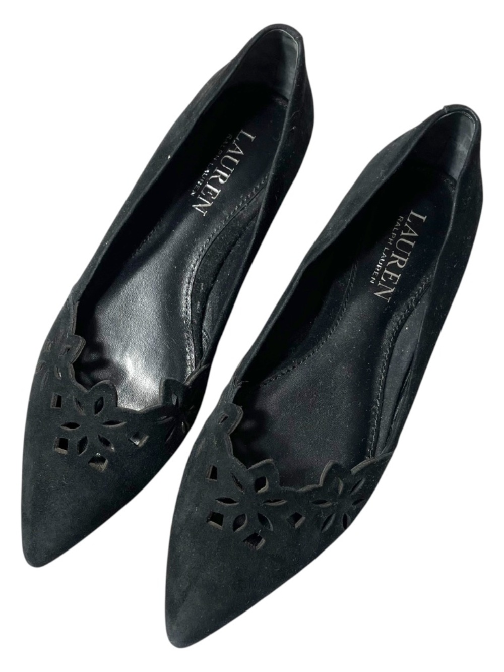 Ralph Lauren Allayana Suede Flats 5.5 Sheepskin Leather Floral Laser Cut Pointed